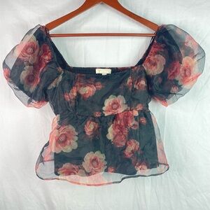 Thirty Thirty Crop Puff Sleeve Top Floral Layers Smocked Coquette Babydoll Sz L